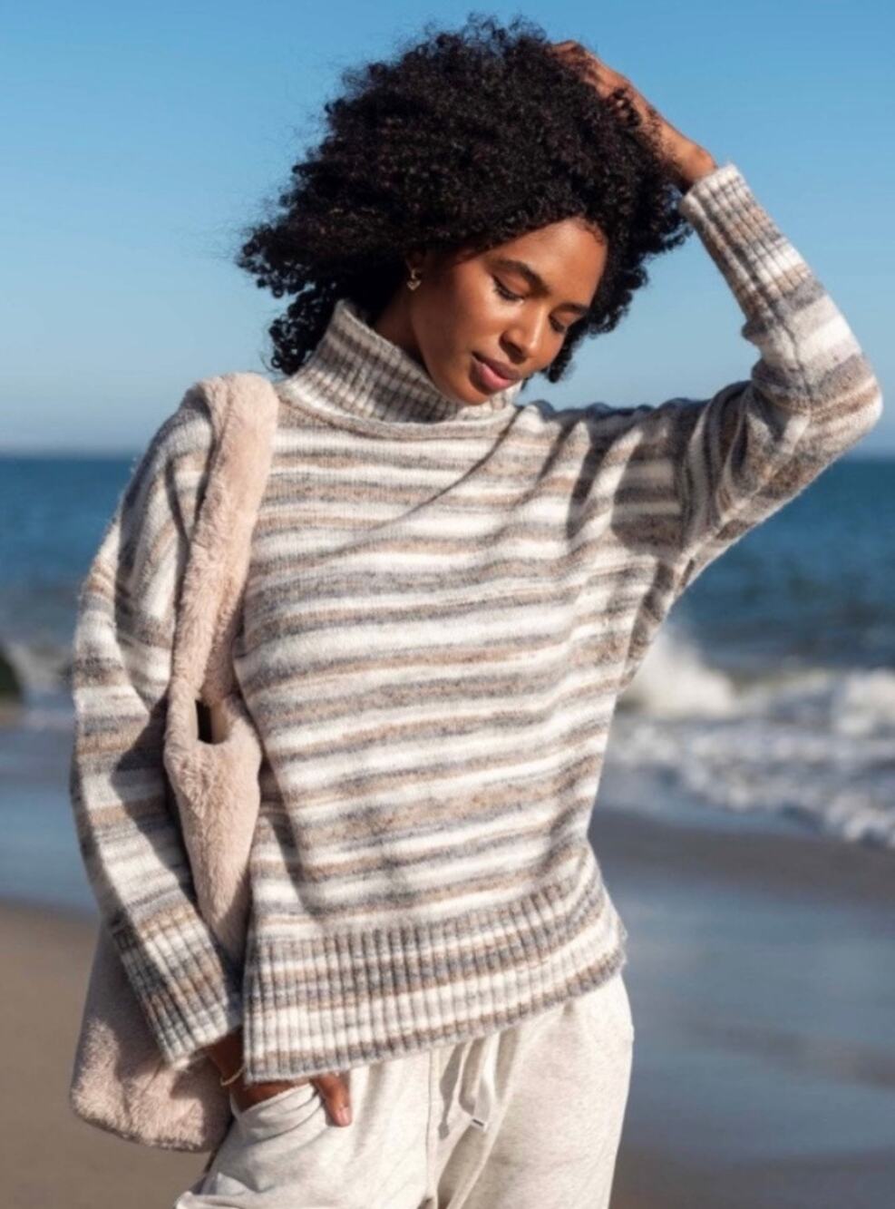 MER-SEA Good Vibrations Striped Turtleneck Sweater |Neutral Space-Dye Stripe |OS
